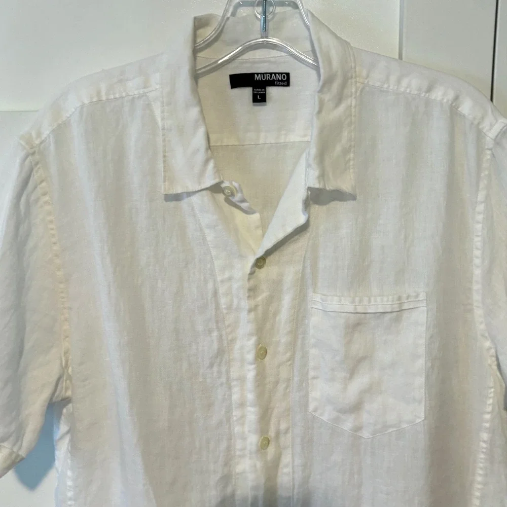 Murano Men's White Linen Short Sleeved Casual Button Front Shirt in Size L‎